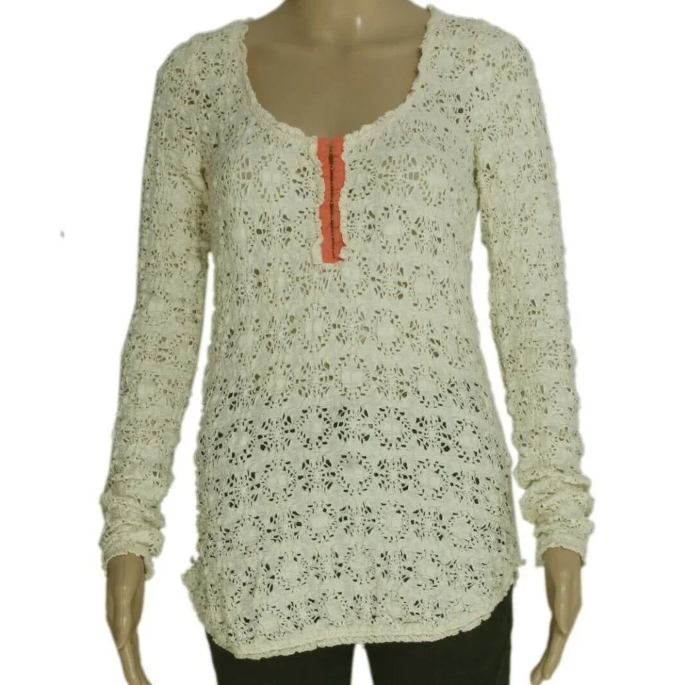 Free People Floral Pattern Lace Long Sleeve Ivory Casual Top M NEW